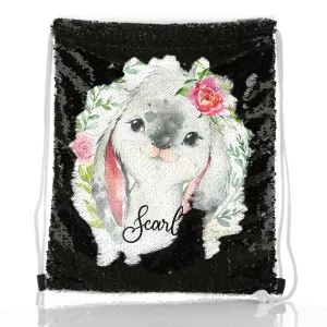 Personalised Sequin Drawstring Backpack with Grey Rabbit Flower Wreath and Cute Text