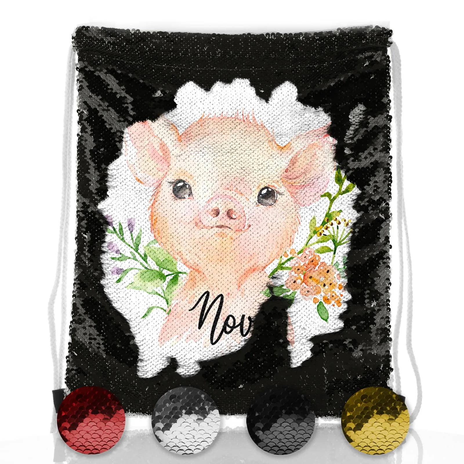 Personalised Sequin Drawstring Backpack with Pink Pig Flowers and Cute Text