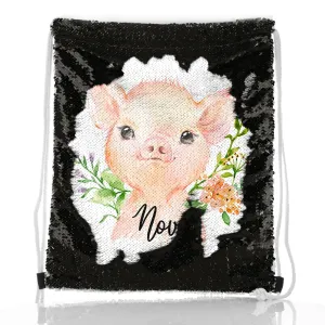 Personalised Sequin Drawstring Backpack with Pink Pig Flowers and Cute Text