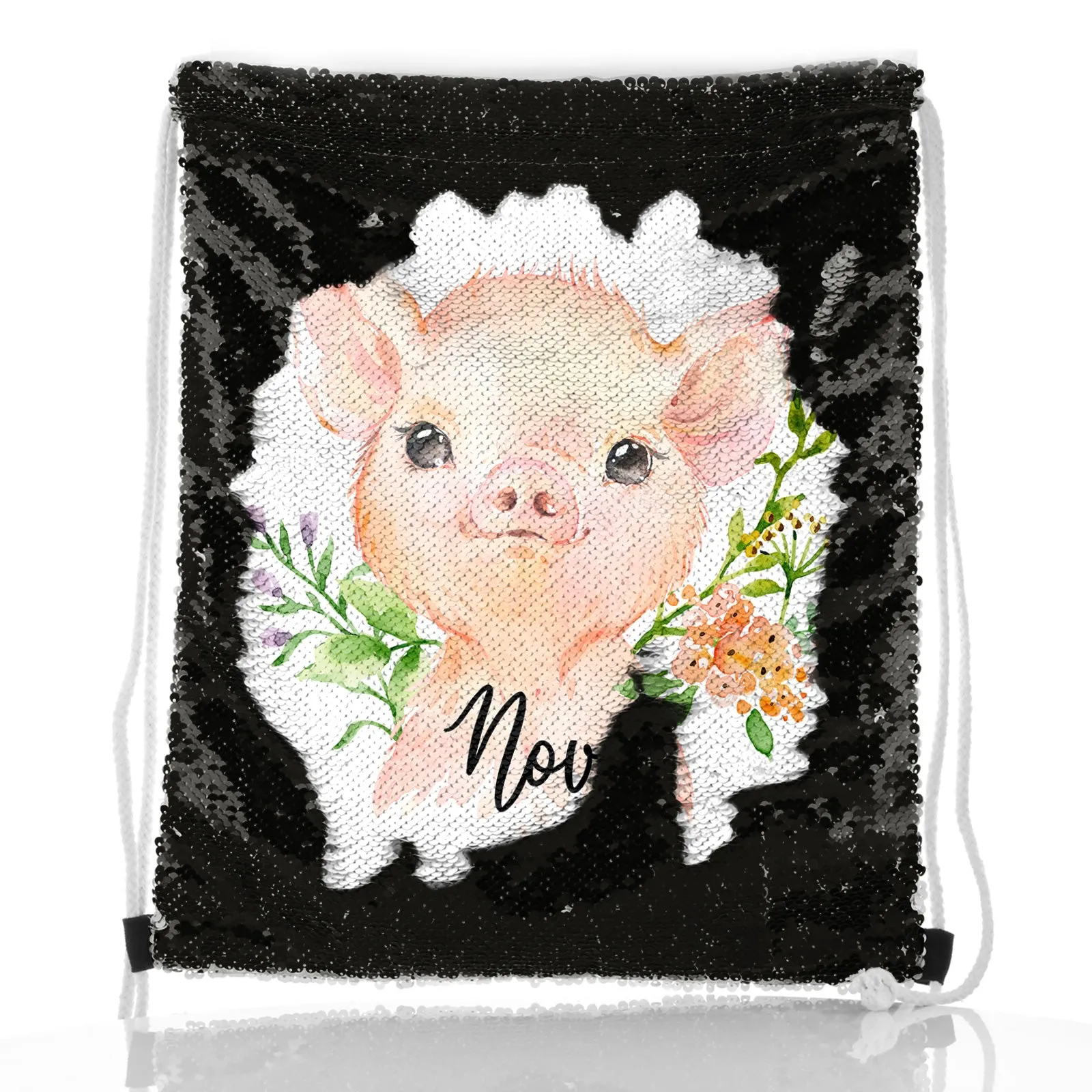 Personalised Sequin Drawstring Backpack with Pink Pig Flowers and Cute Text