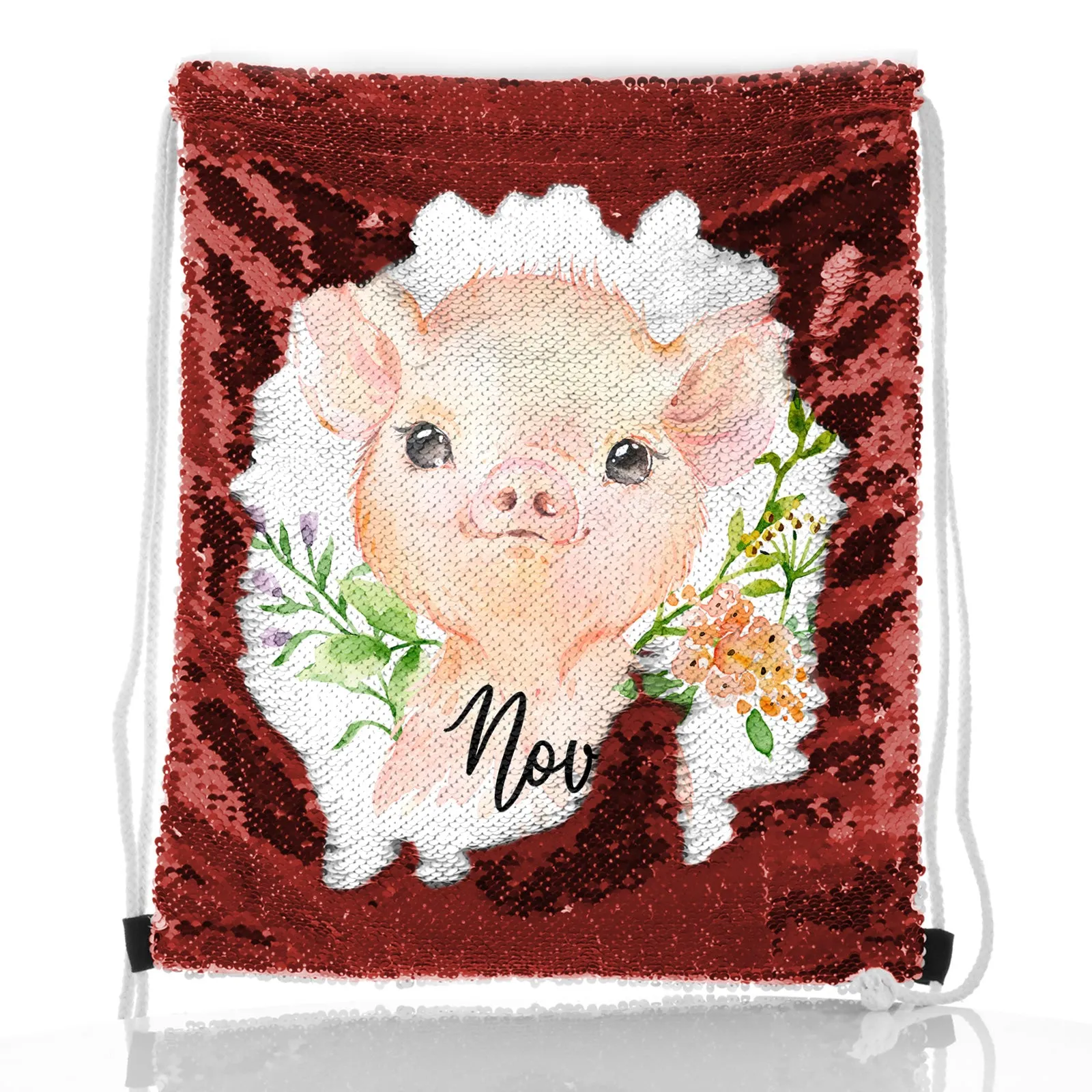 Personalised Sequin Drawstring Backpack with Pink Pig Flowers and Cute Text