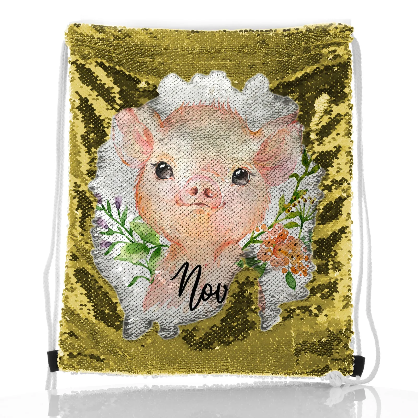 Personalised Sequin Drawstring Backpack with Pink Pig Flowers and Cute Text