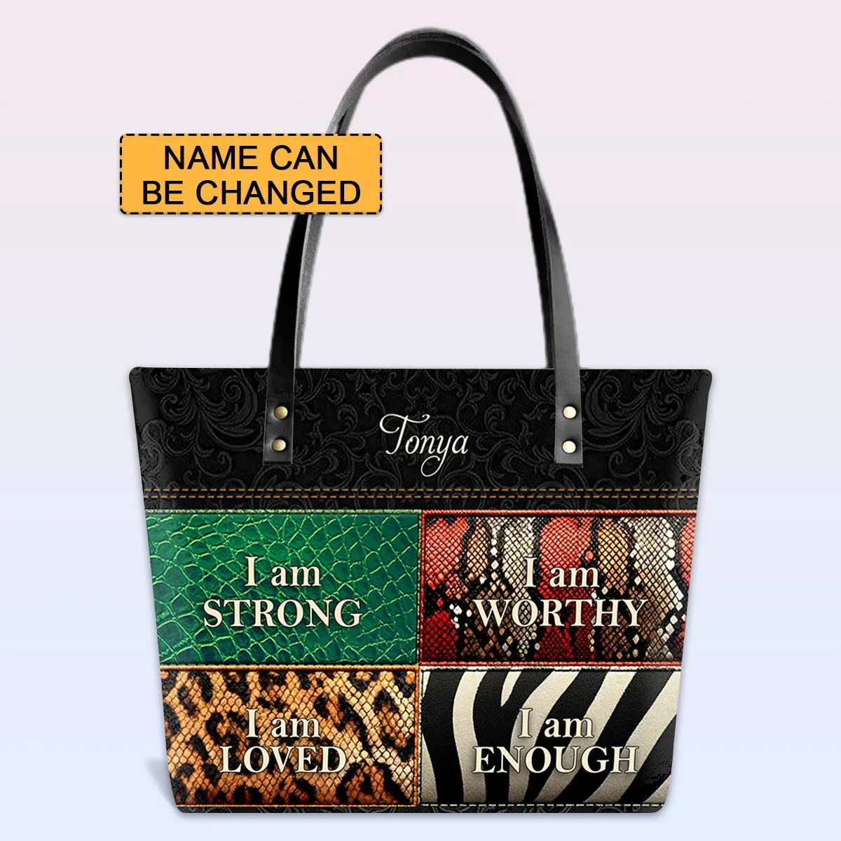 Personalized Leather Tote Bag with Bible Verses – I am STRONG | I am WORTHY | I am LOVED | I am ENOUGH | CHRISTIANARTBAG Leather TOTE Bag