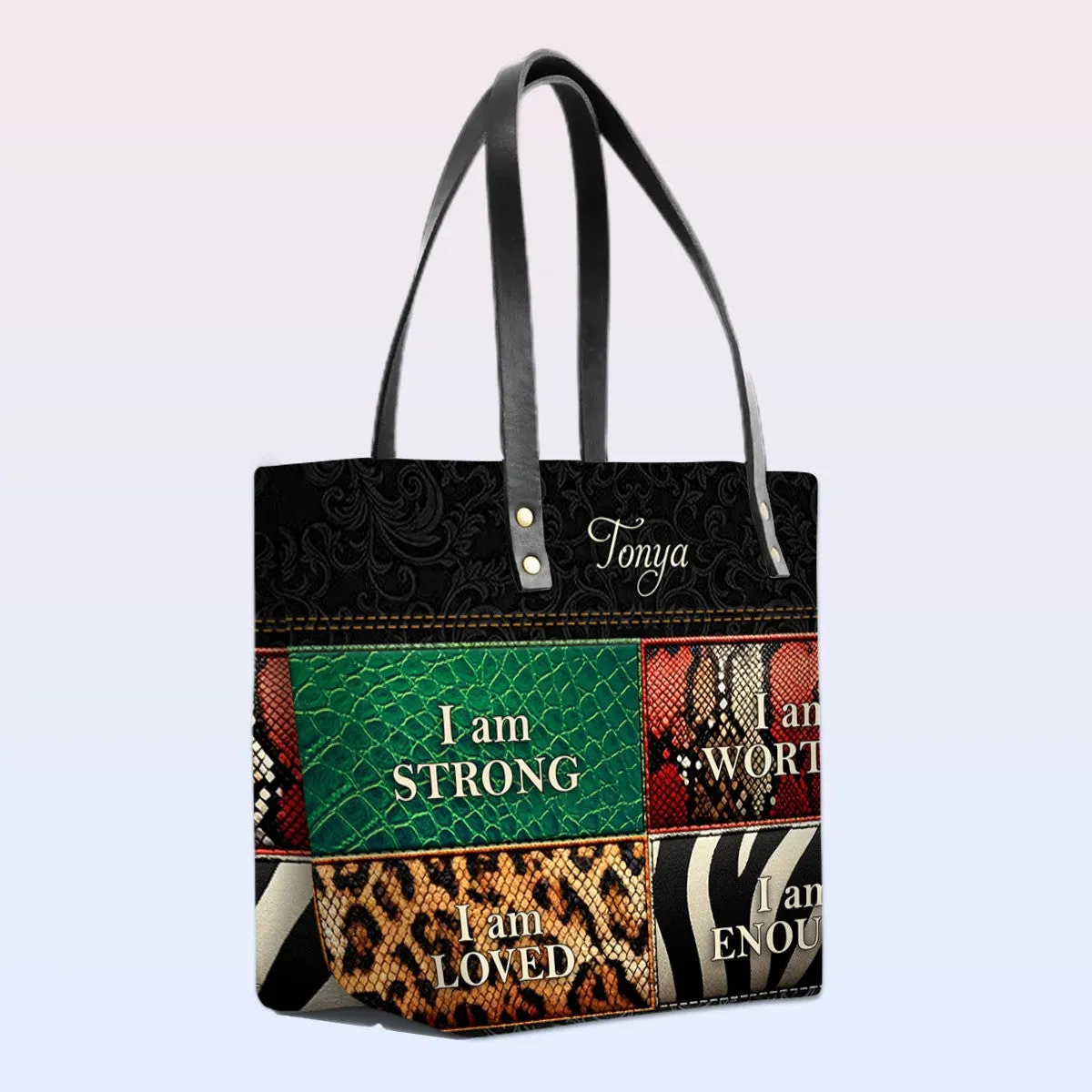 Personalized Leather Tote Bag with Bible Verses – I am STRONG | I am WORTHY | I am LOVED | I am ENOUGH | CHRISTIANARTBAG Leather TOTE Bag