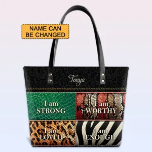 Personalized Leather Tote Bag with Bible Verses – I am STRONG | I am WORTHY | I am LOVED | I am ENOUGH | CHRISTIANARTBAG Leather TOTE Bag
