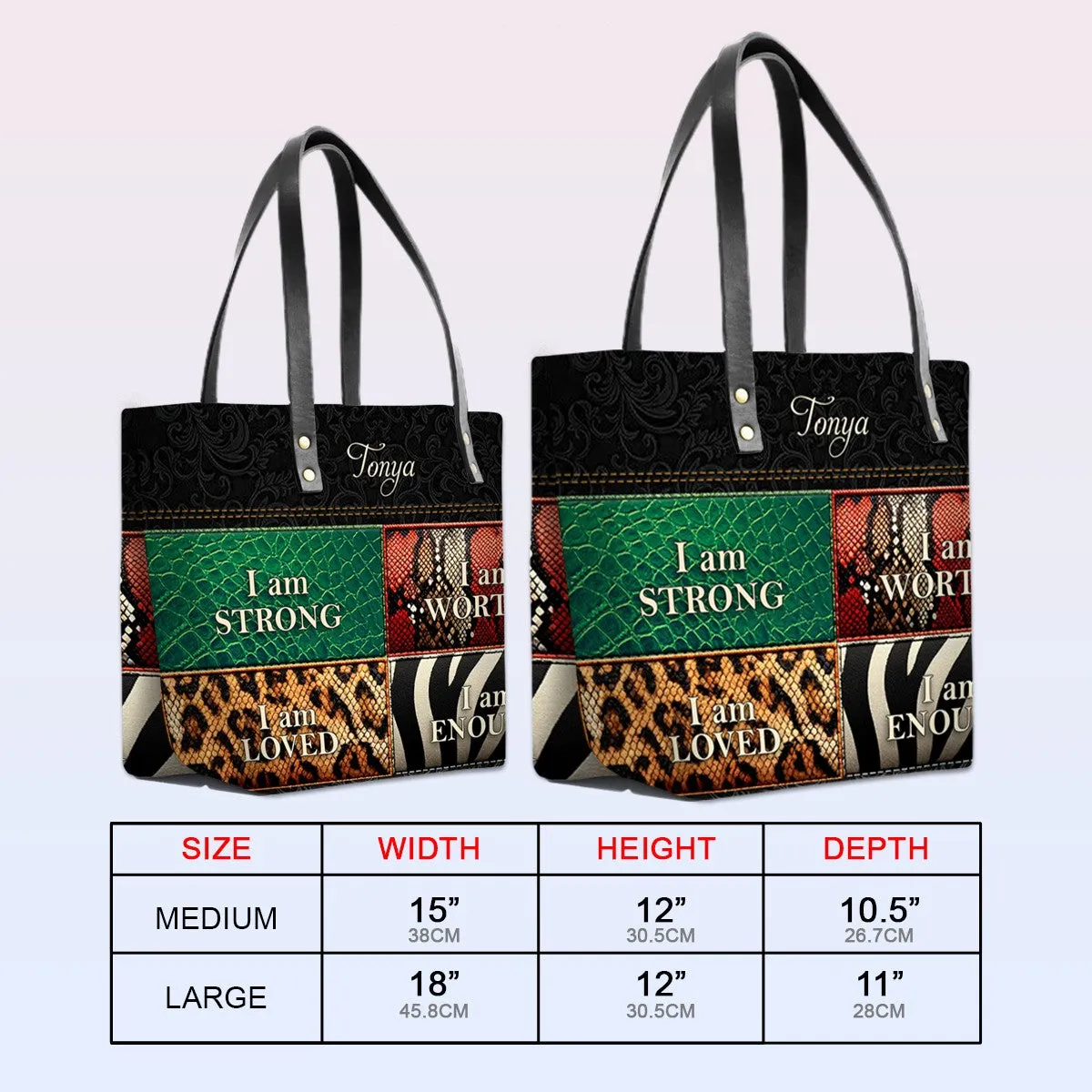 Personalized Leather Tote Bag with Bible Verses – I am STRONG | I am WORTHY | I am LOVED | I am ENOUGH | CHRISTIANARTBAG Leather TOTE Bag