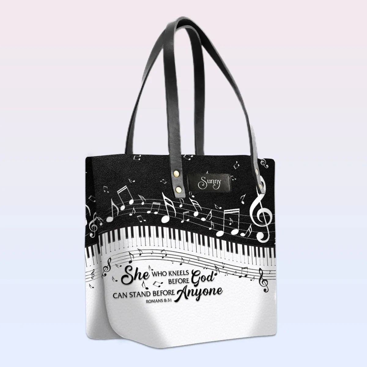 Personalized Leather Tote Bag with Bible Verses – She Who Kneels Before GOD Can Stand Before Anyone Romans 8 31 | CHRISTIANARTBAG Leather TOTE Bag