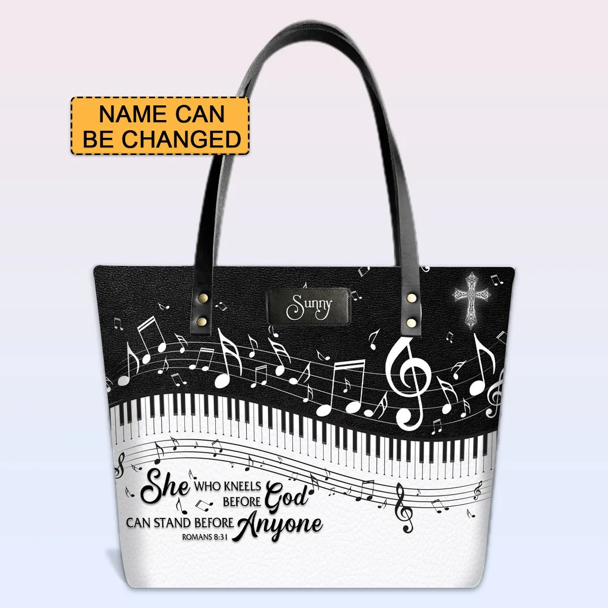 Personalized Leather Tote Bag with Bible Verses – She Who Kneels Before GOD Can Stand Before Anyone Romans 8 31 | CHRISTIANARTBAG Leather TOTE Bag