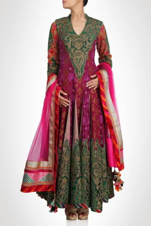 Pink and green color frock suit available online