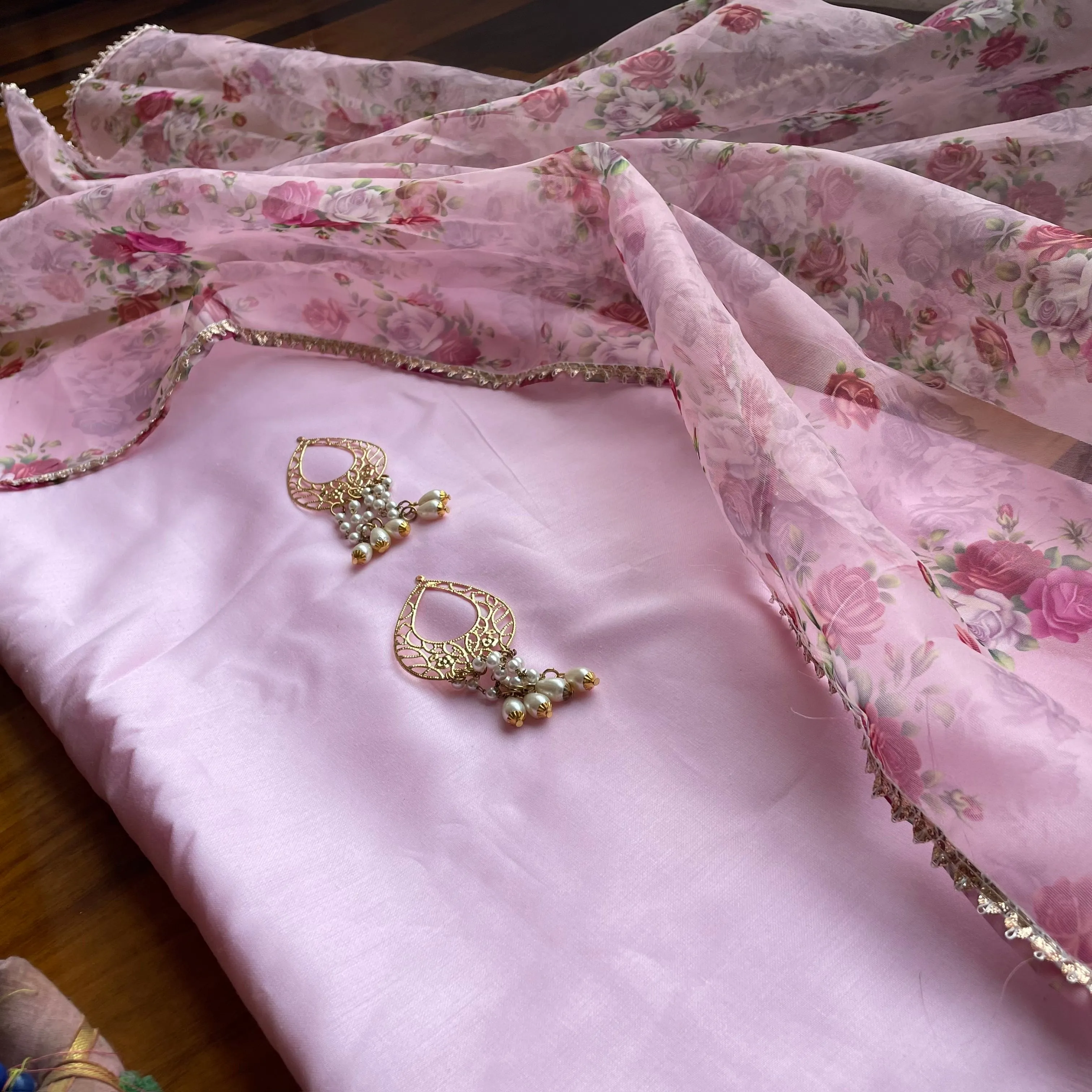 Pink Floral Organza Dupatta Suit
