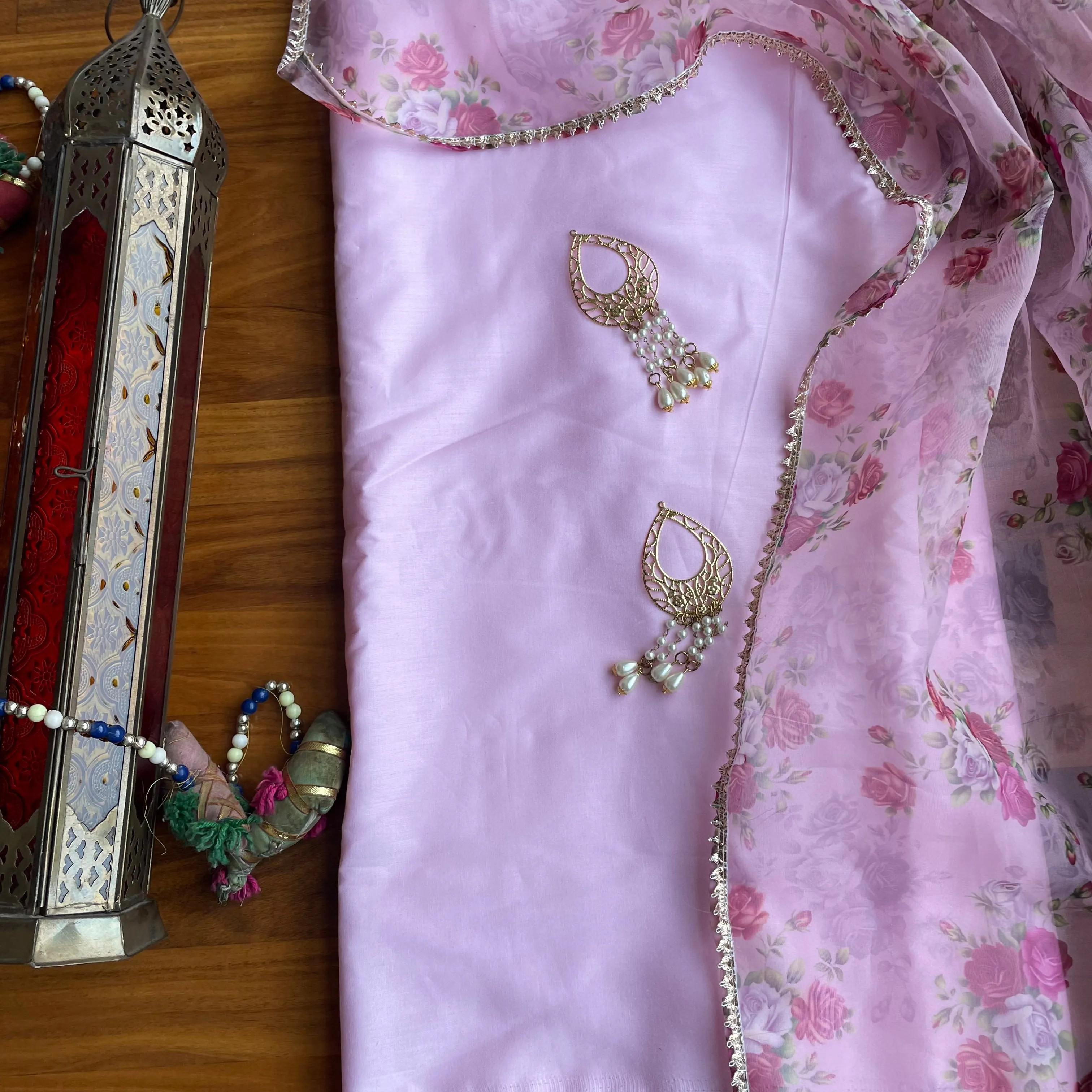 Pink Floral Organza Dupatta Suit