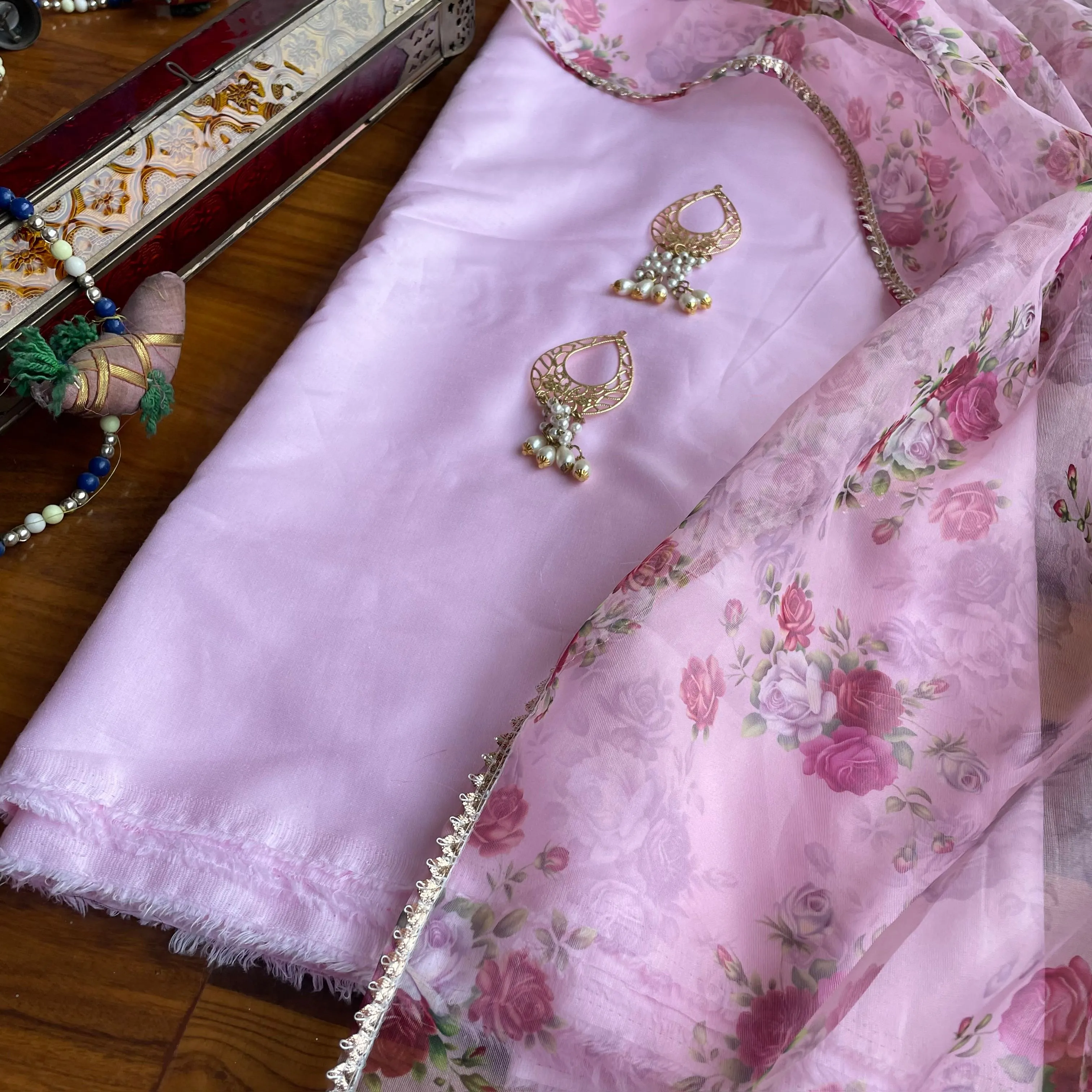 Pink Floral Organza Dupatta Suit