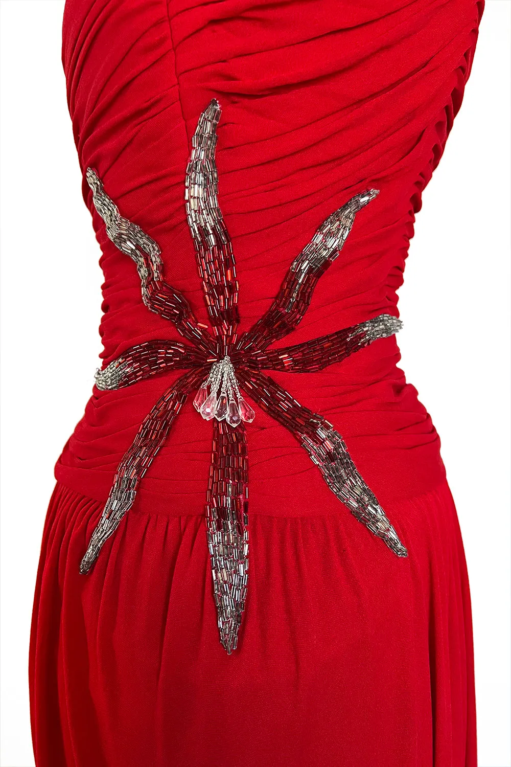 Prettiest 1970s Ruben Panis Side Beaded Red Jersey Dress w Convertible Straps