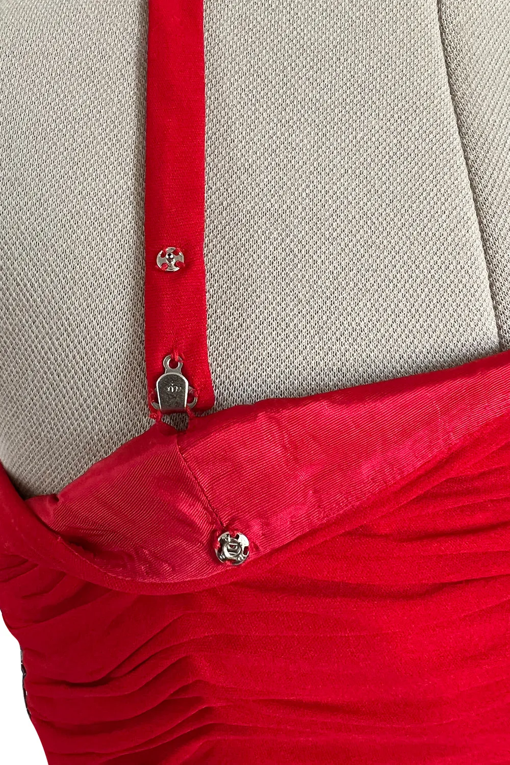 Prettiest 1970s Ruben Panis Side Beaded Red Jersey Dress w Convertible Straps