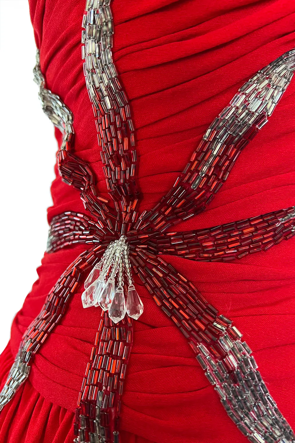 Prettiest 1970s Ruben Panis Side Beaded Red Jersey Dress w Convertible Straps