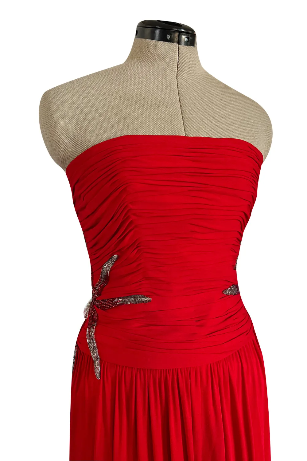Prettiest 1970s Ruben Panis Side Beaded Red Jersey Dress w Convertible Straps
