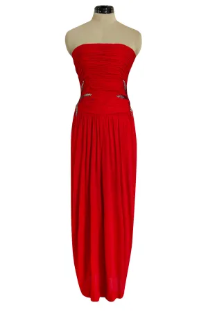 Prettiest 1970s Ruben Panis Side Beaded Red Jersey Dress w Convertible Straps