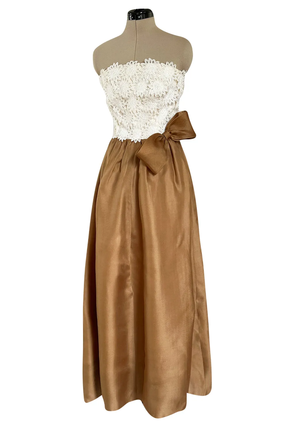 Prettiest 1994 Givenchy Couture Floral Crochet Bodice Dress w Gold Silk Skirting