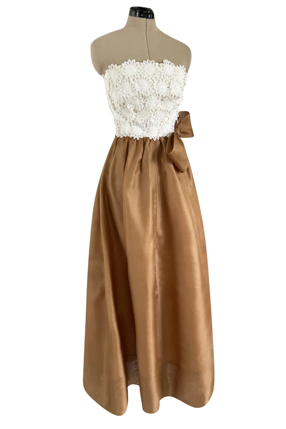 Prettiest 1994 Givenchy Couture Floral Crochet Bodice Dress w Gold Silk Skirting