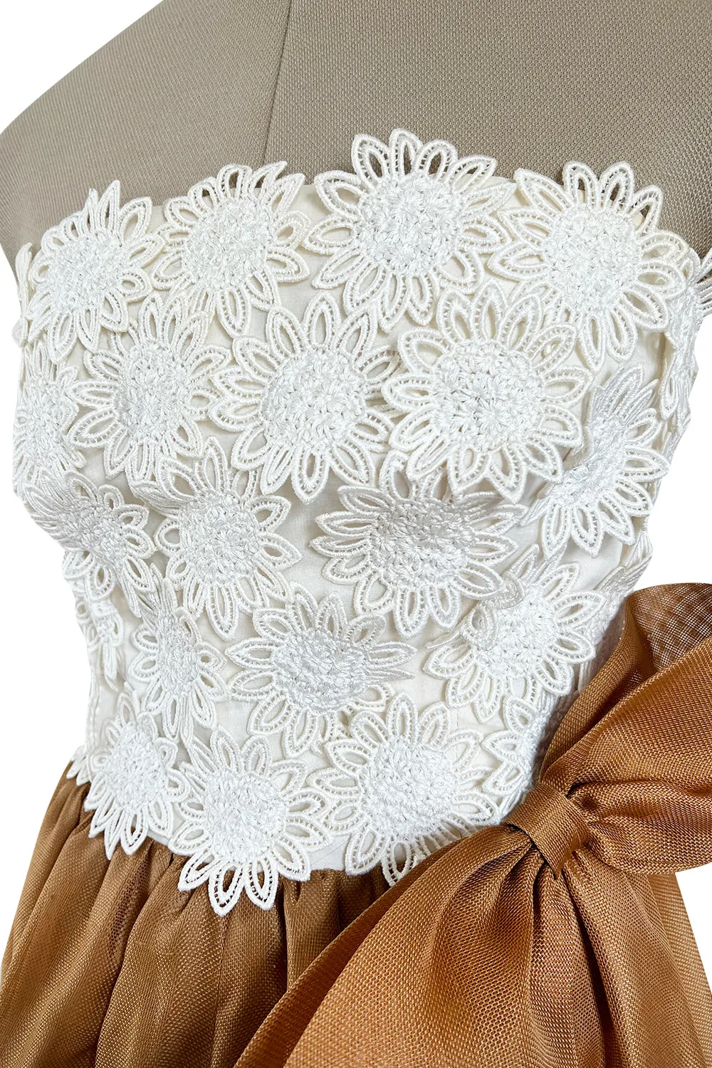Prettiest 1994 Givenchy Couture Floral Crochet Bodice Dress w Gold Silk Skirting