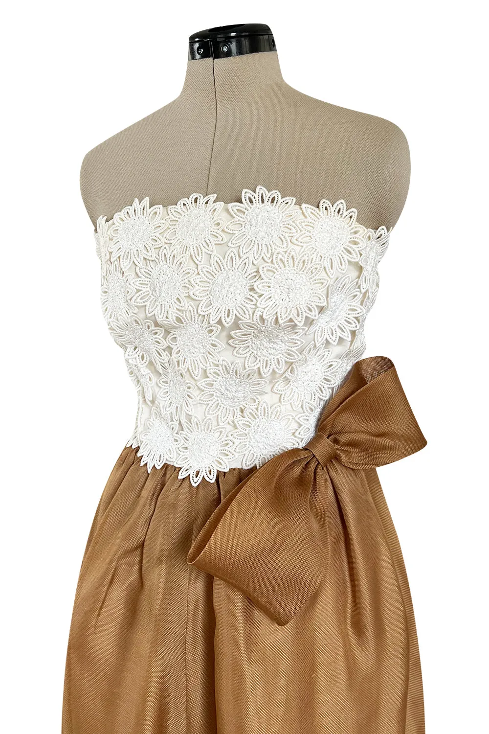Prettiest 1994 Givenchy Couture Floral Crochet Bodice Dress w Gold Silk Skirting