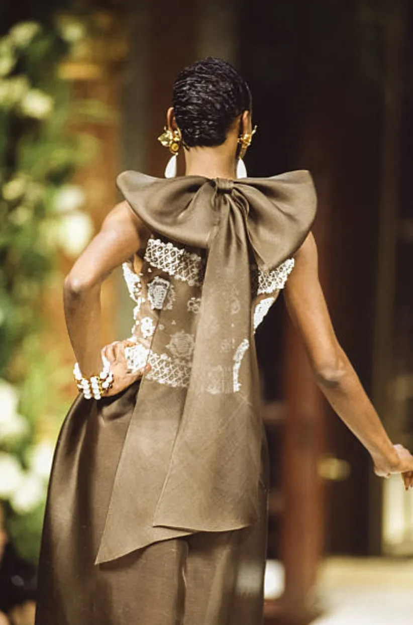 Prettiest 1994 Givenchy Couture Floral Crochet Bodice Dress w Gold Silk Skirting