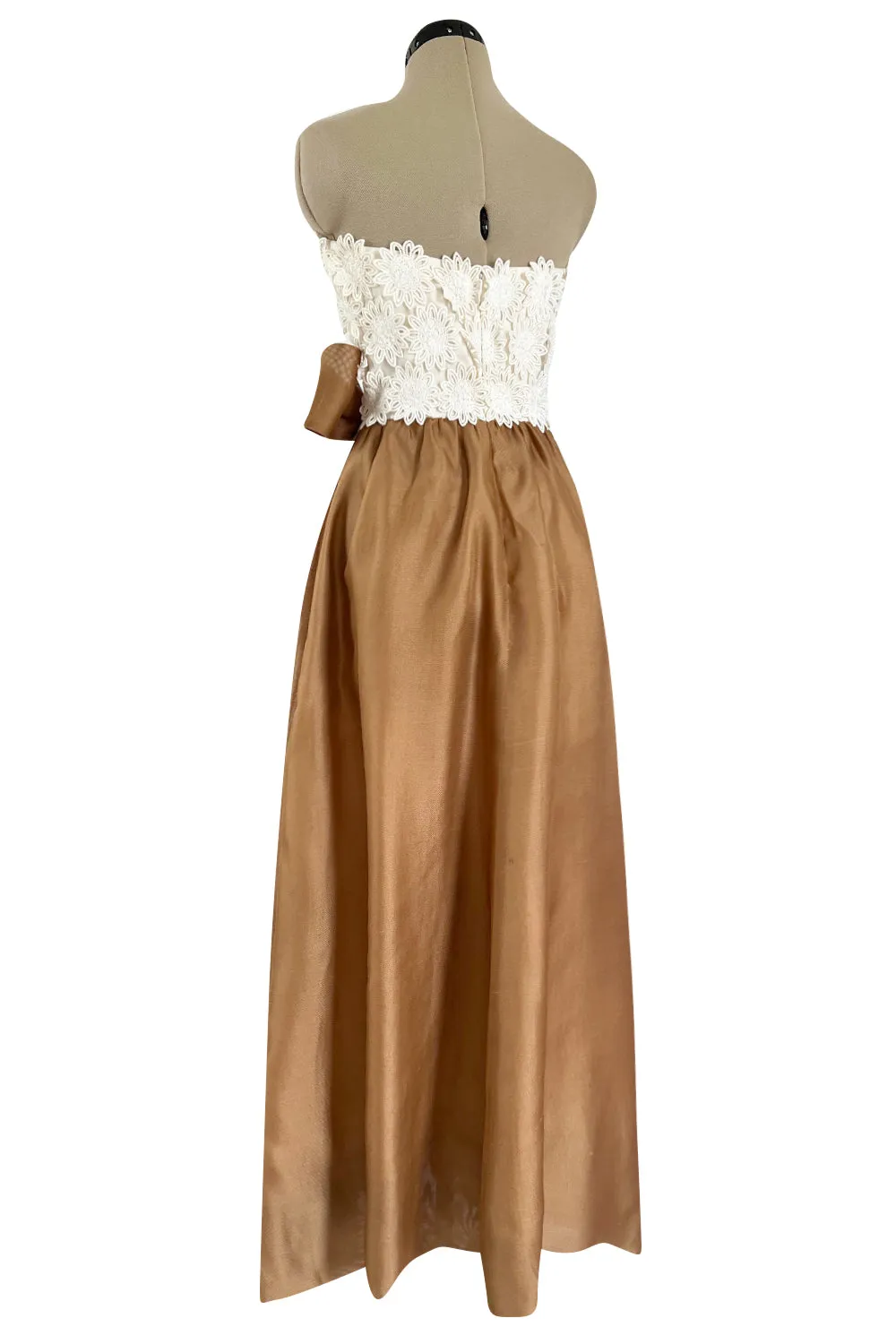 Prettiest 1994 Givenchy Couture Floral Crochet Bodice Dress w Gold Silk Skirting