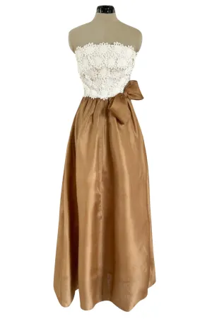 Prettiest 1994 Givenchy Couture Floral Crochet Bodice Dress w Gold Silk Skirting
