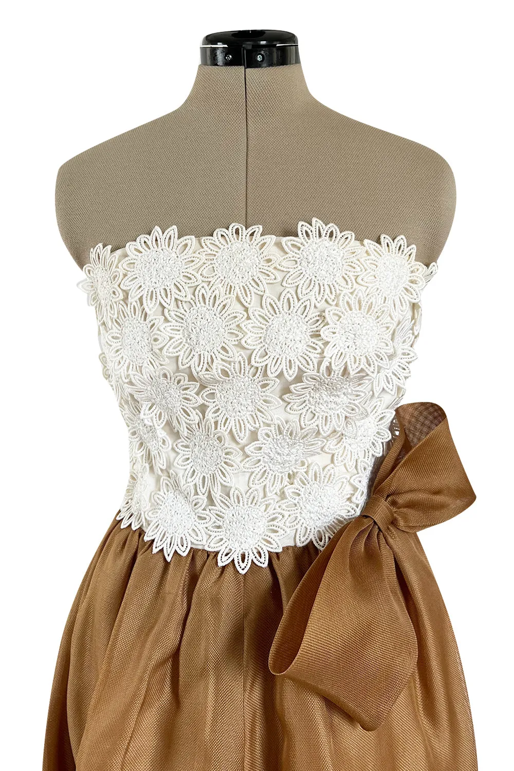 Prettiest 1994 Givenchy Couture Floral Crochet Bodice Dress w Gold Silk Skirting