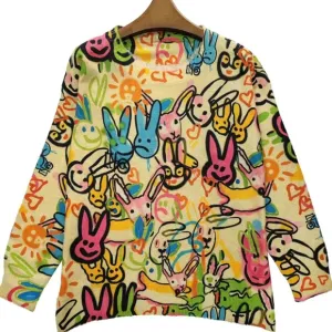 Rabbit sweater crewneck knit women graffiti style pink green