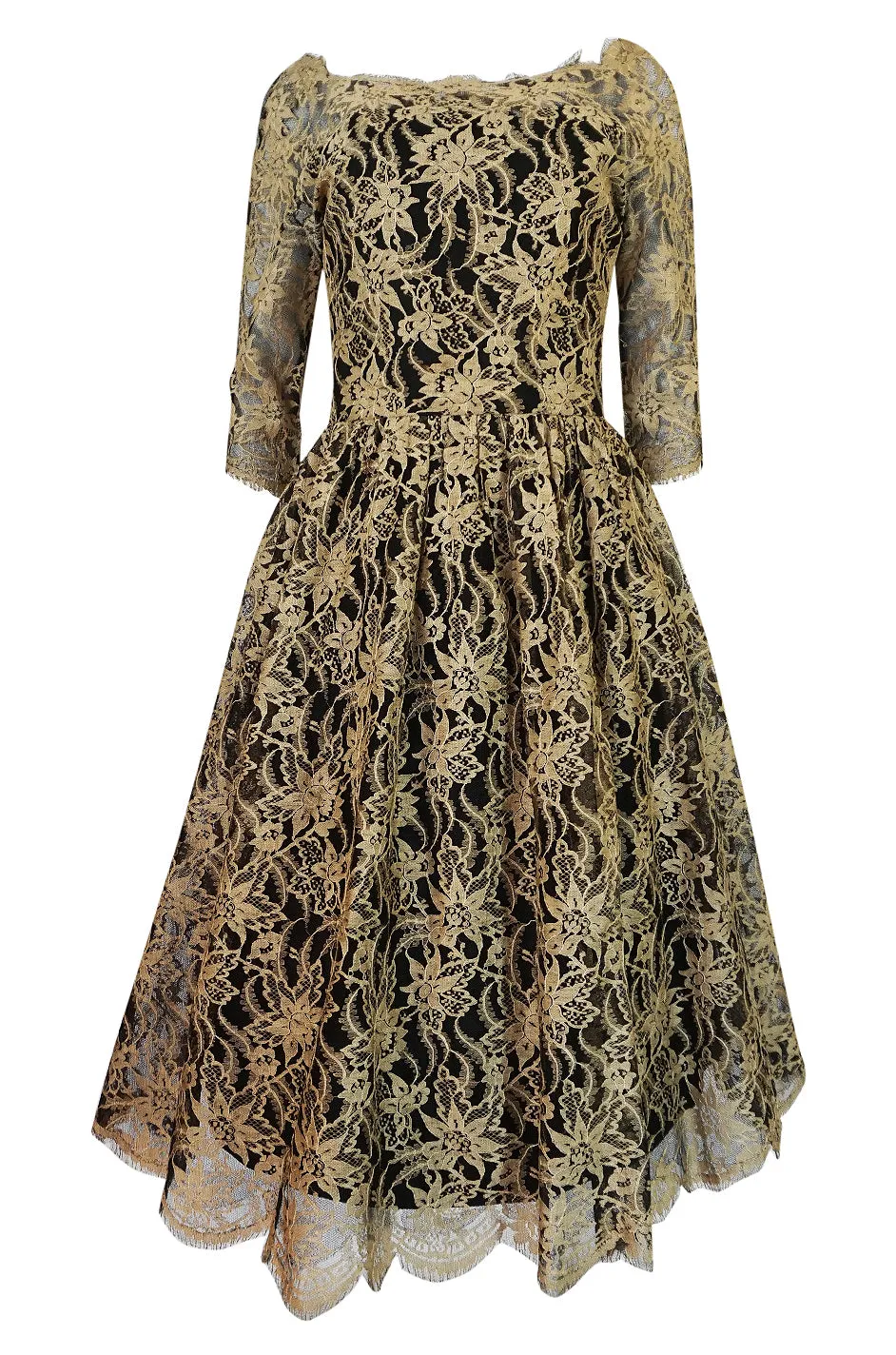 Rare 1950s Jacques Heim Full Skirted Black Net Dress w Gold Thread Lace