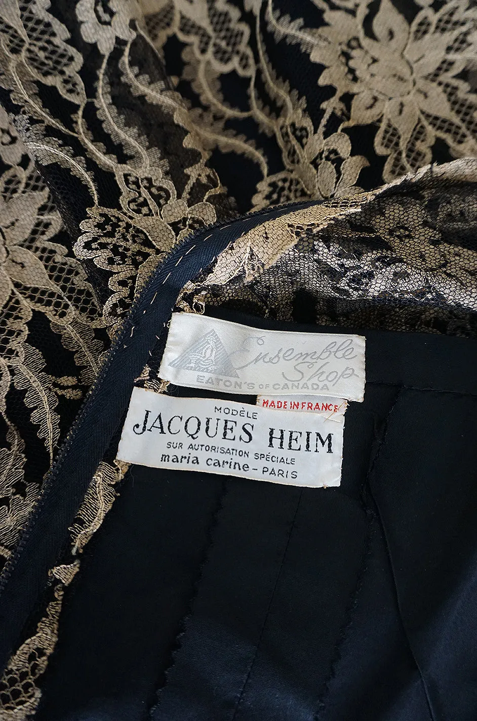 Rare 1950s Jacques Heim Full Skirted Black Net Dress w Gold Thread Lace