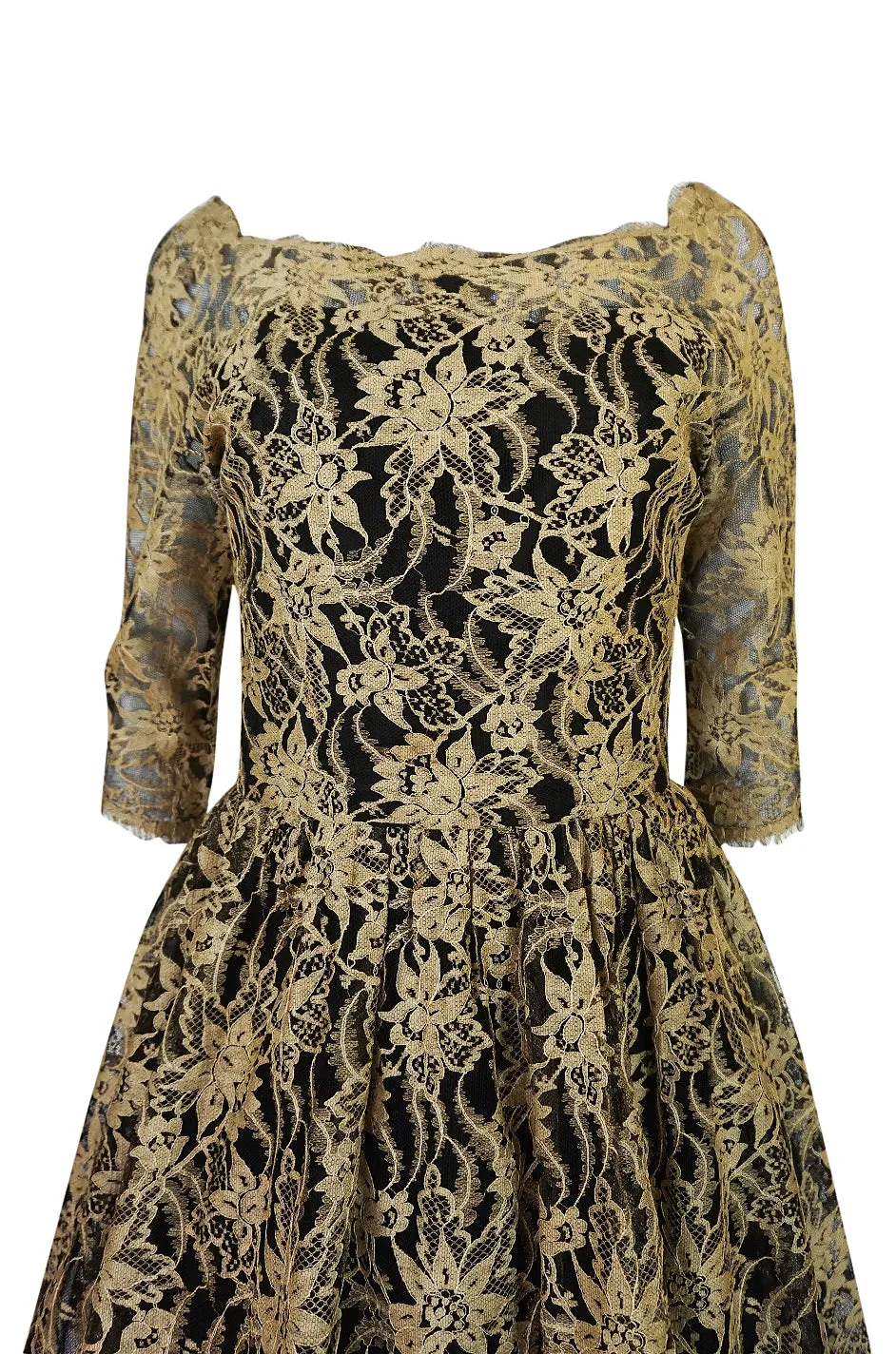 Rare 1950s Jacques Heim Full Skirted Black Net Dress w Gold Thread Lace