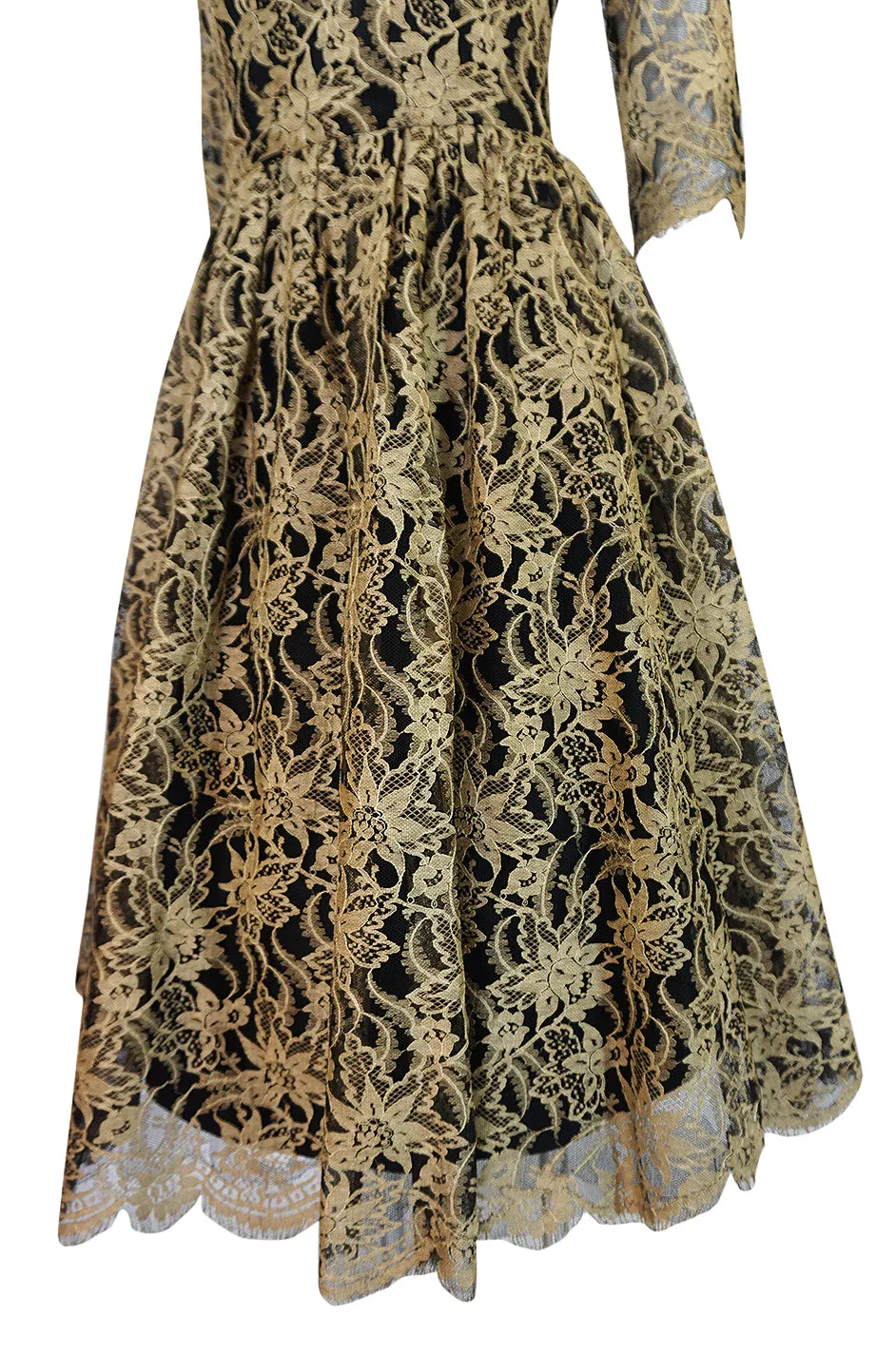 Rare 1950s Jacques Heim Full Skirted Black Net Dress w Gold Thread Lace