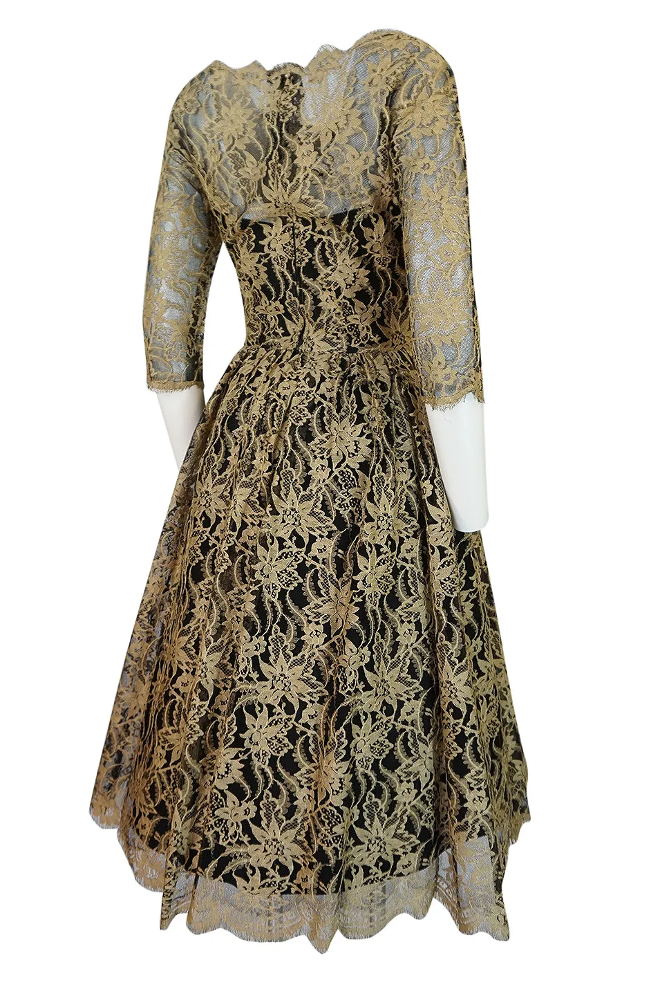 Rare 1950s Jacques Heim Full Skirted Black Net Dress w Gold Thread Lace