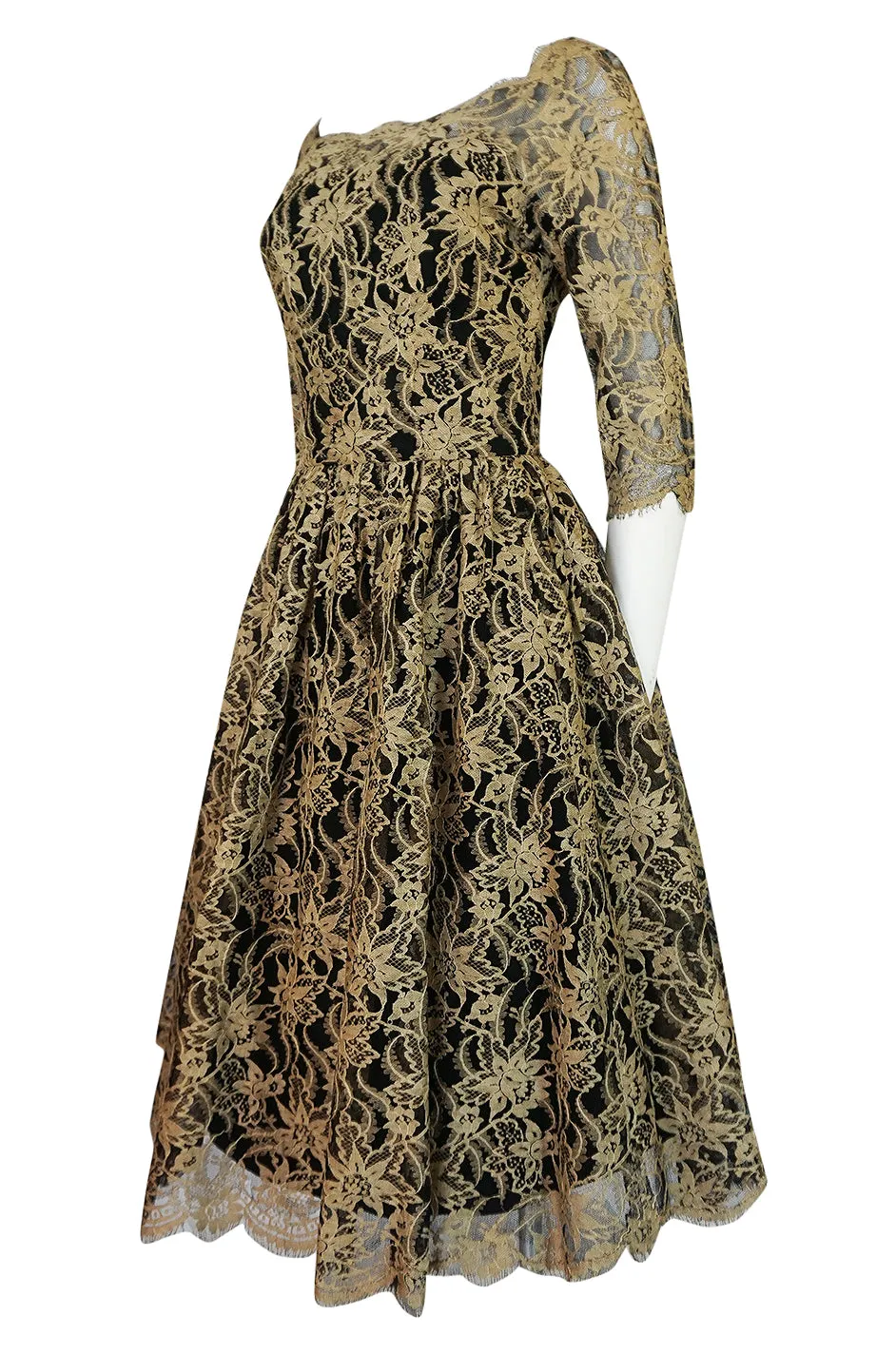 Rare 1950s Jacques Heim Full Skirted Black Net Dress w Gold Thread Lace