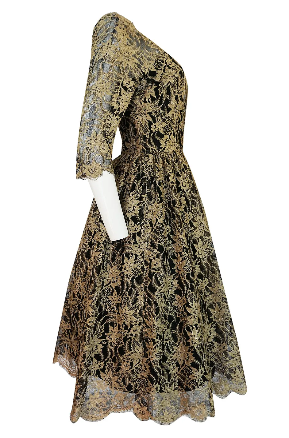 Rare 1950s Jacques Heim Full Skirted Black Net Dress w Gold Thread Lace