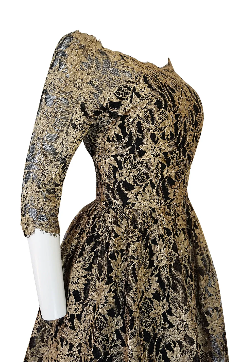 Rare 1950s Jacques Heim Full Skirted Black Net Dress w Gold Thread Lace