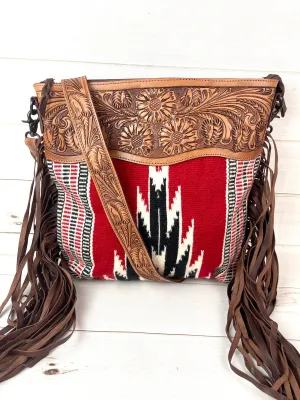 Red and Black Diamond Pattern Wool & Leather Tooled Crossbody Handbag
