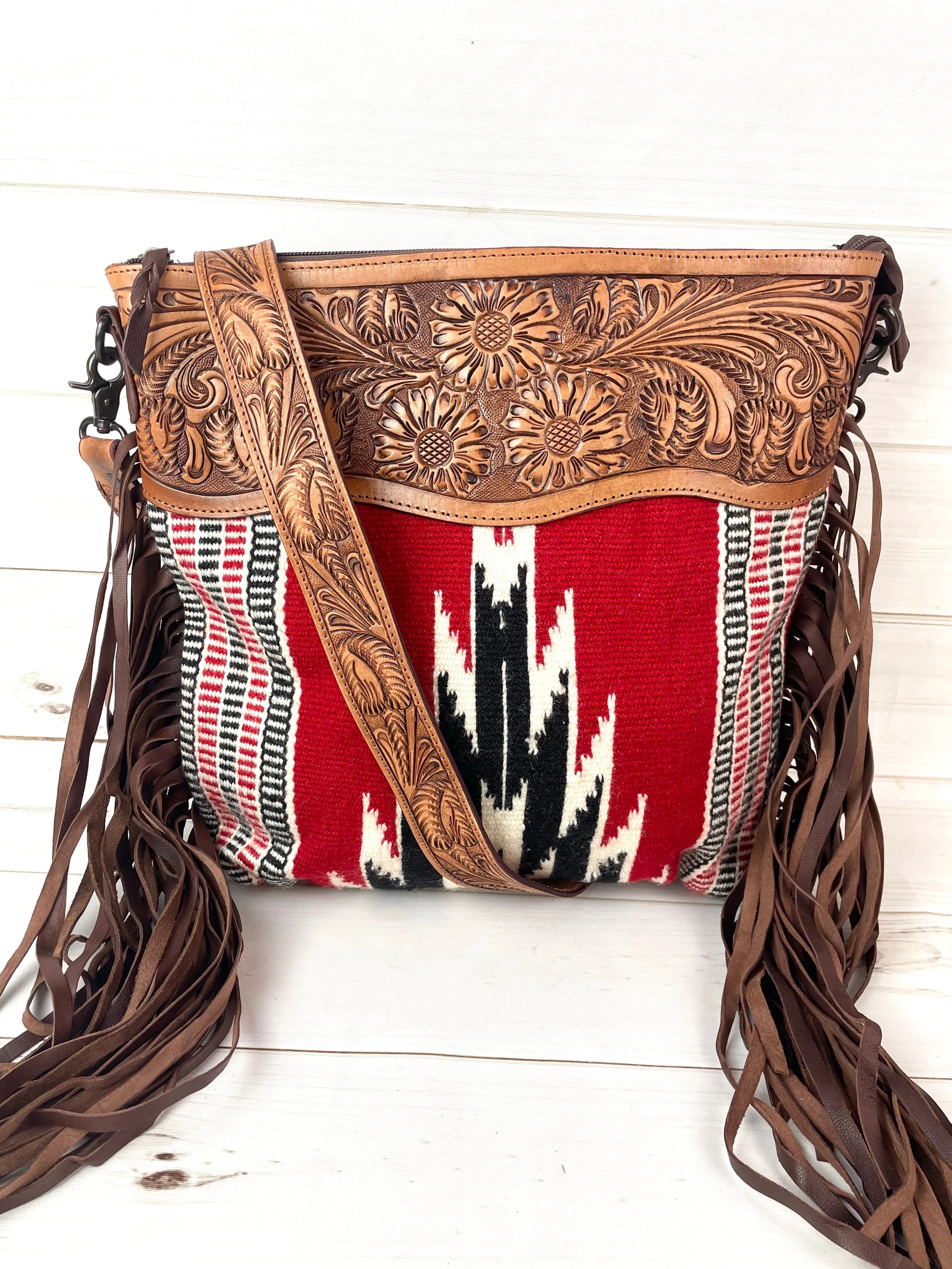 Red and Black Diamond Pattern Wool & Leather Tooled Crossbody Handbag