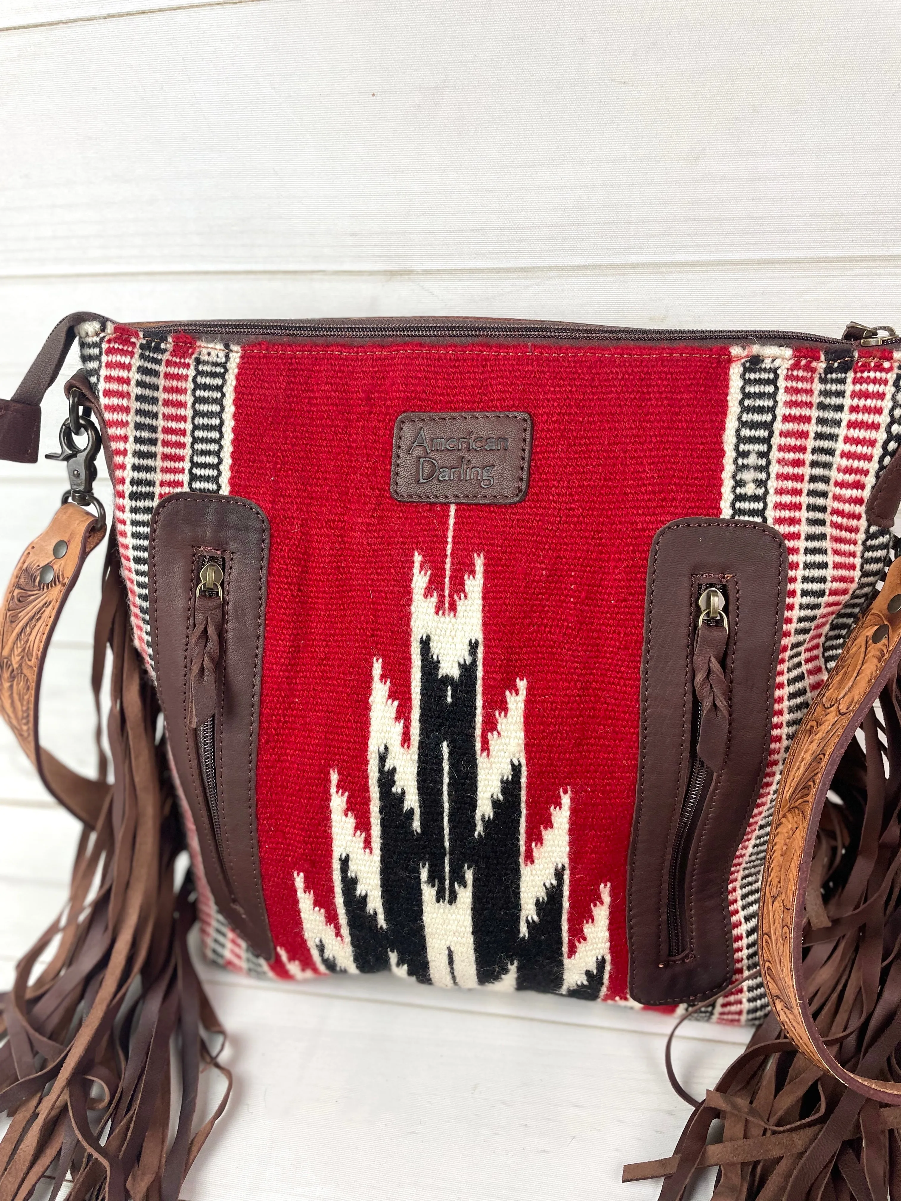 Red and Black Diamond Pattern Wool & Leather Tooled Crossbody Handbag