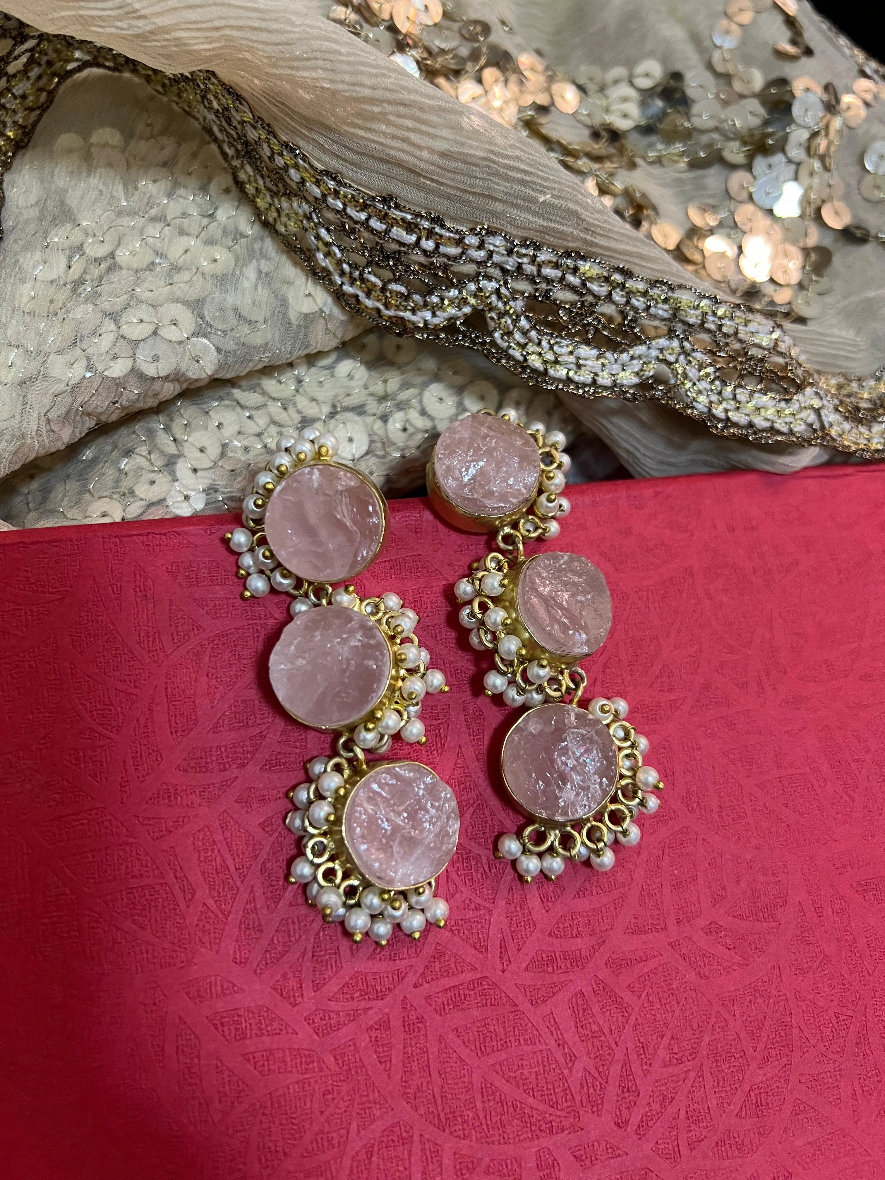 Rose Quartz Three Tier Earrings