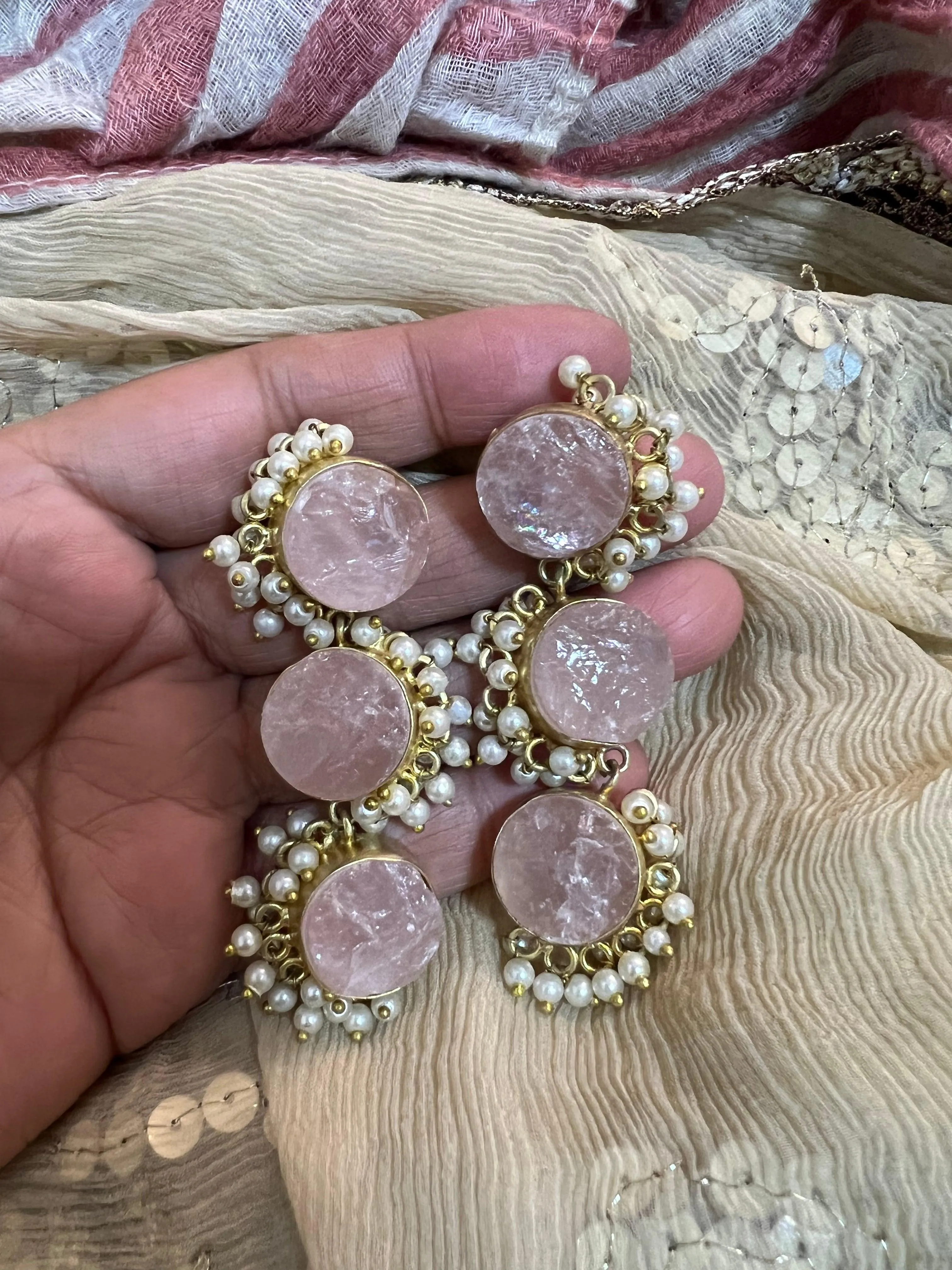 Rose Quartz Three Tier Earrings
