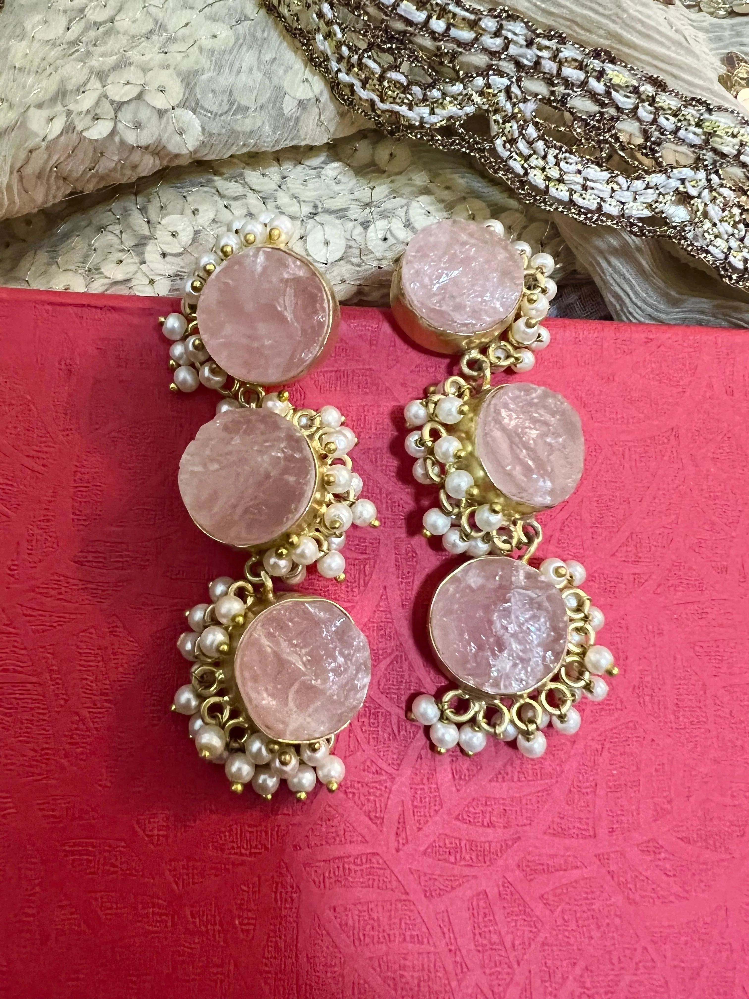 Rose Quartz Three Tier Earrings