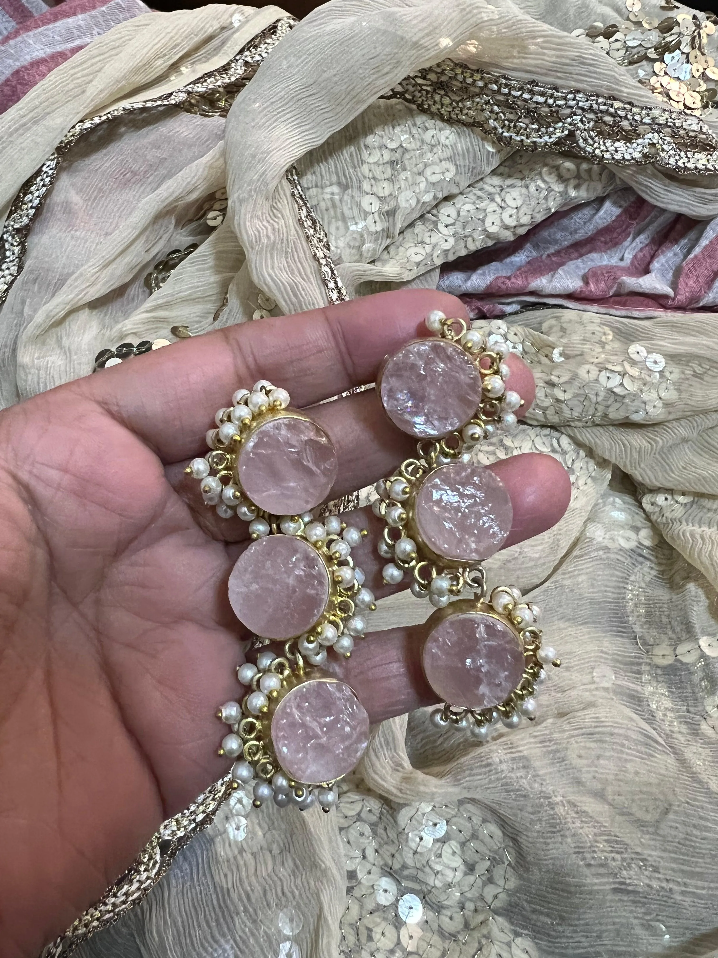 Rose Quartz Three Tier Earrings