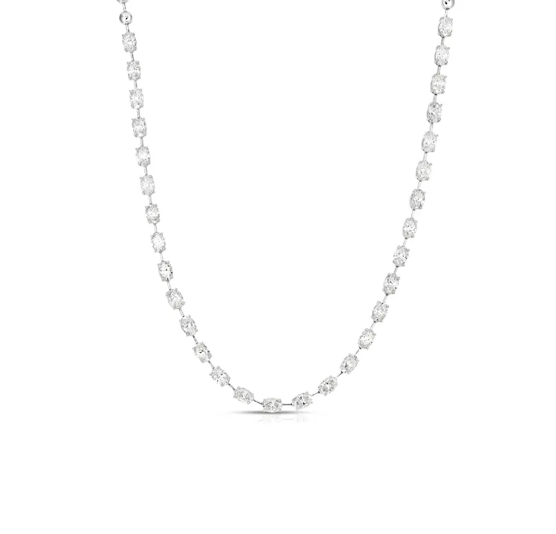 Sabel Collection White Gold Beaded and Oval Diamond Station Necklace
