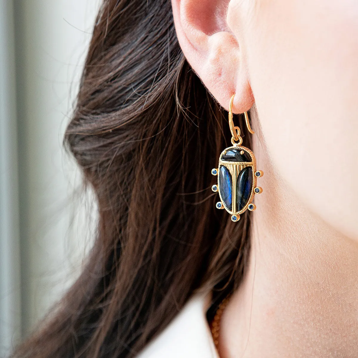 Scarab Petite Drop Earrings - Blue Labradorite/Black Agate