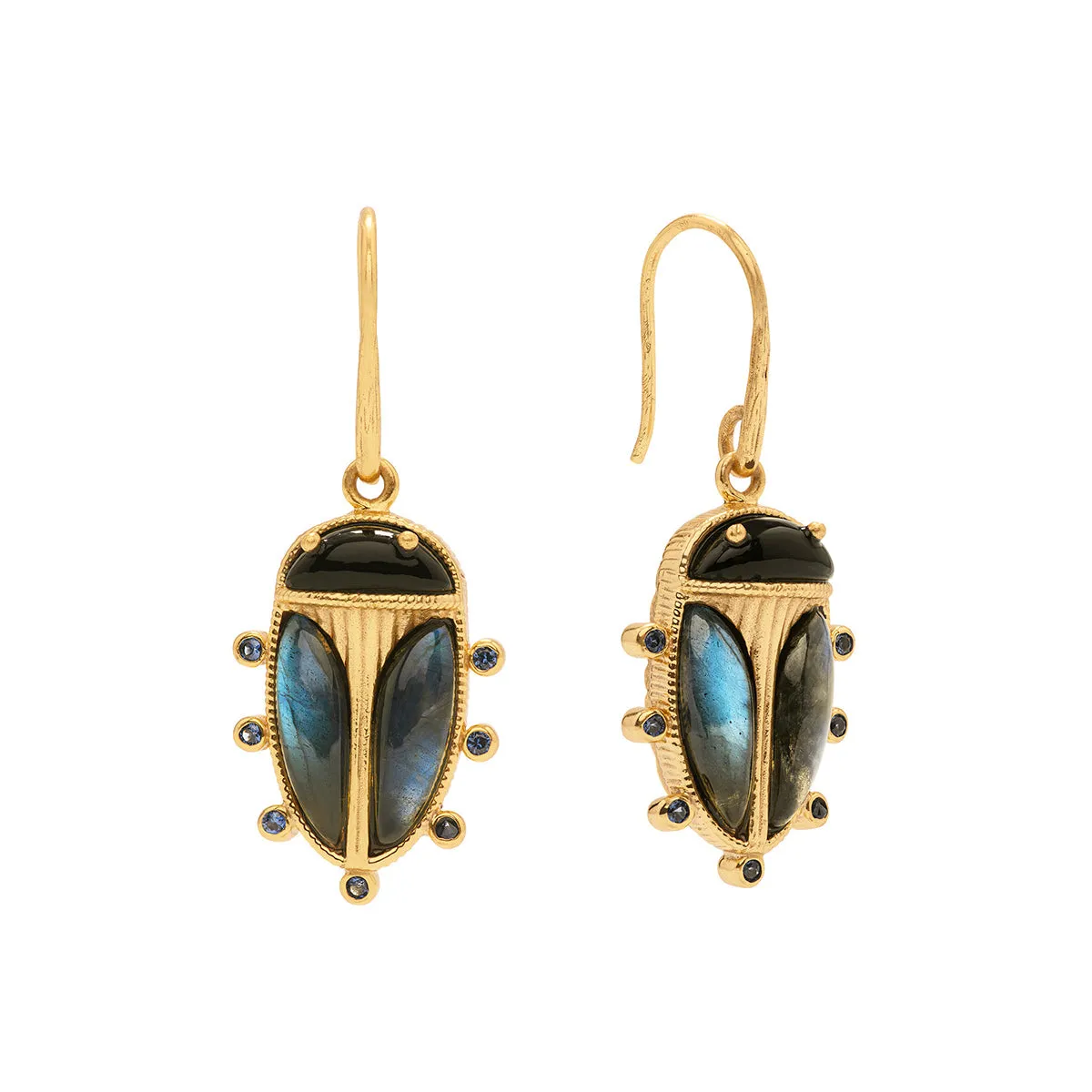 Scarab Petite Drop Earrings - Blue Labradorite/Black Agate