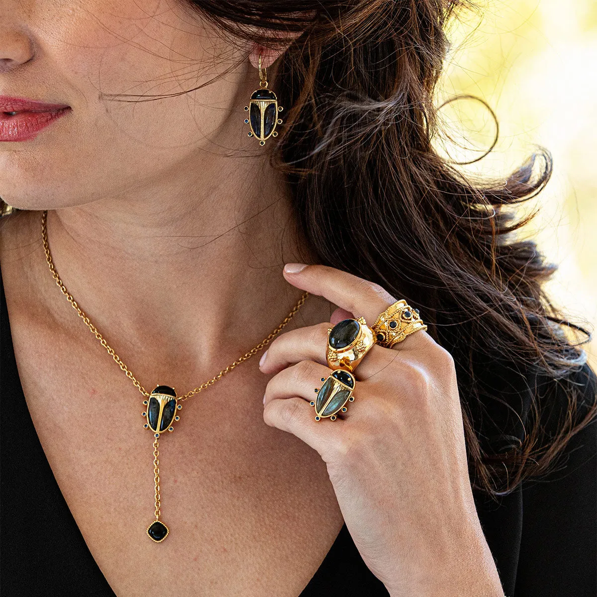Scarab Petite Drop Earrings - Blue Labradorite/Black Agate