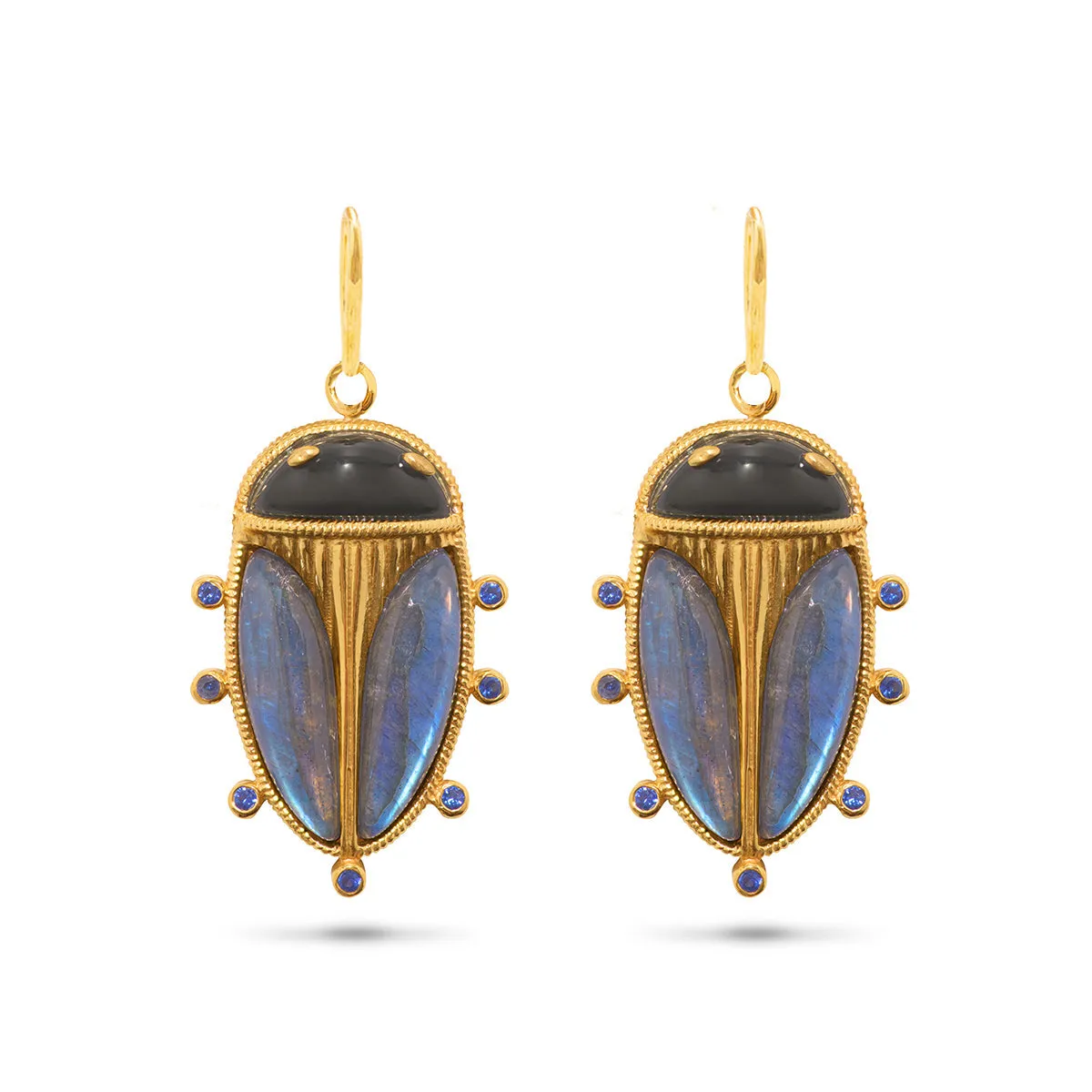 Scarab Petite Drop Earrings - Blue Labradorite/Black Agate